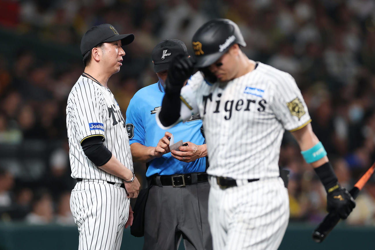 阪神対巨人　6回裏を終え、選手交代を告げる阪神藤川監督。手前は空振り三振に倒れた佐藤輝（撮影・前田充）