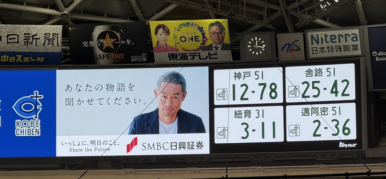 バンテリンドームに映し出された4つの謎のナンバープレート。実はイチロー氏の所属チームの所在地と背番号、安打数を示している。舎路はシアトル、紐育はニューヨーク、邁阿密はマイアミ