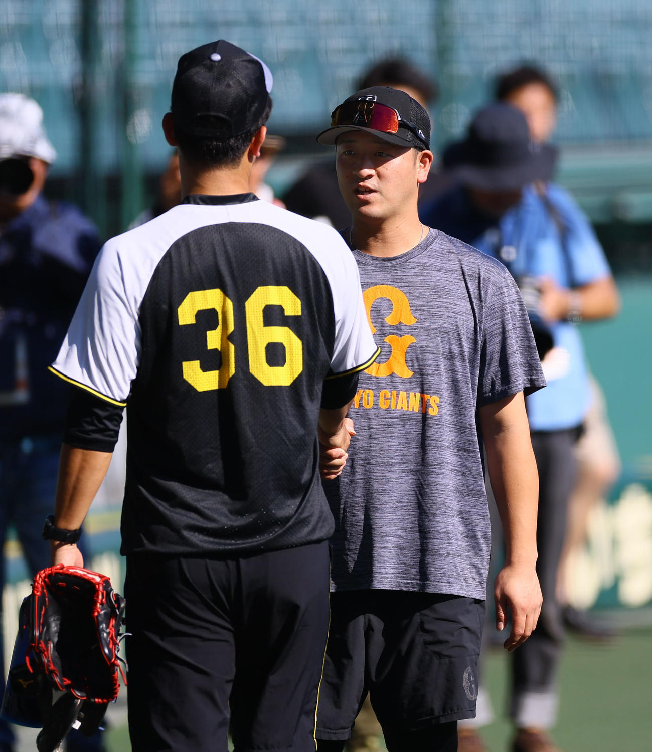 阪神対巨人　阪神畠と握手を交わす巨人岸田（撮影・藤尾明華）