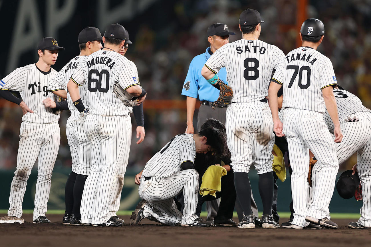 阪神対巨人　9回表巨人2死満塁、坂本の三塁野選の際に一走浅野と交錯し、うずくまる中野（中央下）（撮影・前田充）