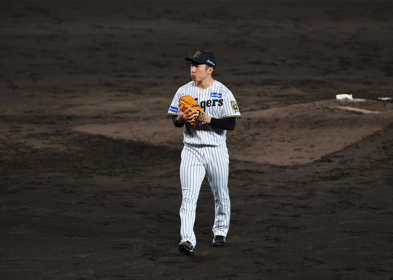 阪神対巨人　8回を無失点に抑え、グラブに手を合わせる阪神石井（撮影・藤尾明華）