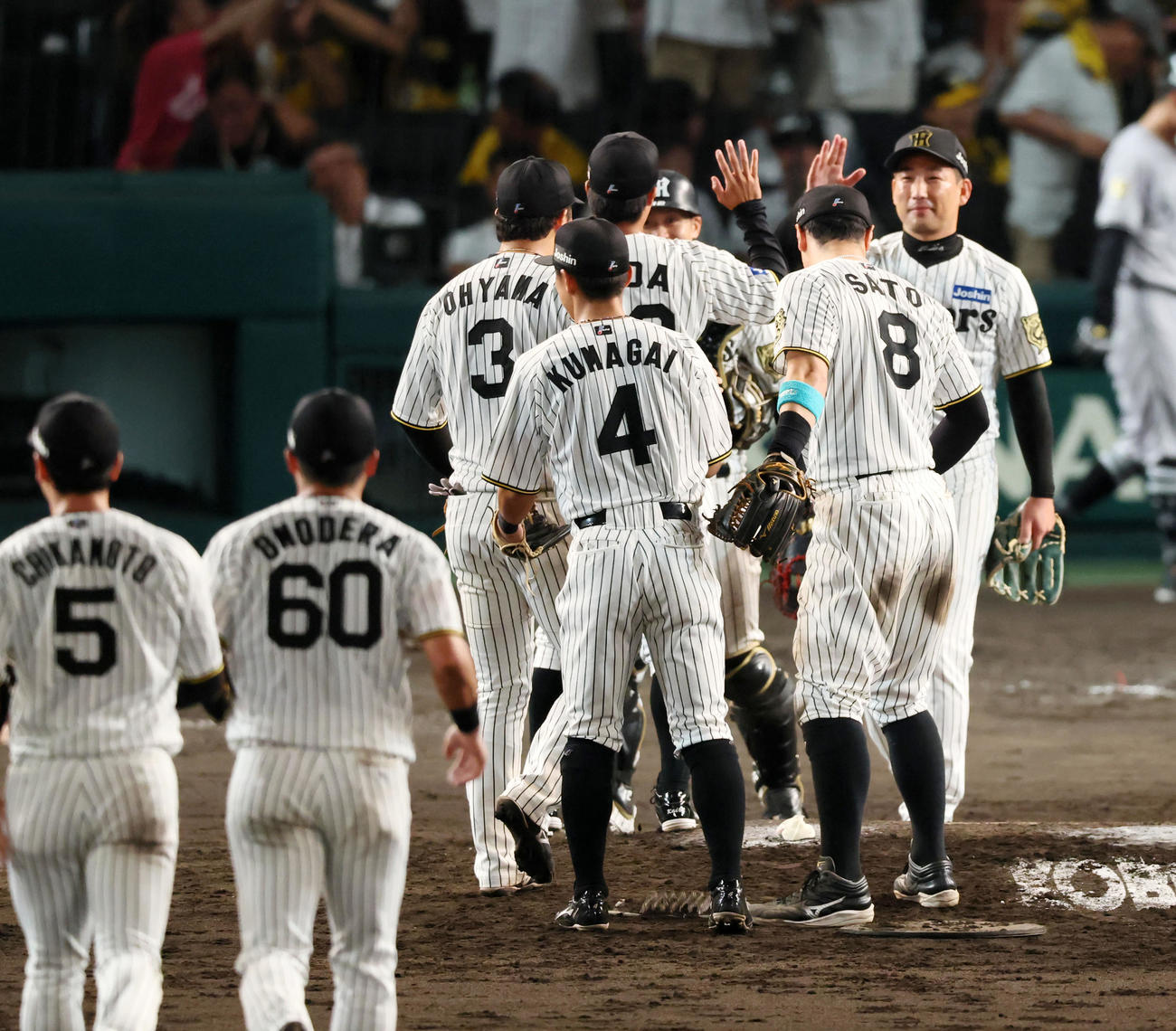 阪神対巨人　巨人に勝利しナインとタッチする岩崎（撮影・加藤哉）