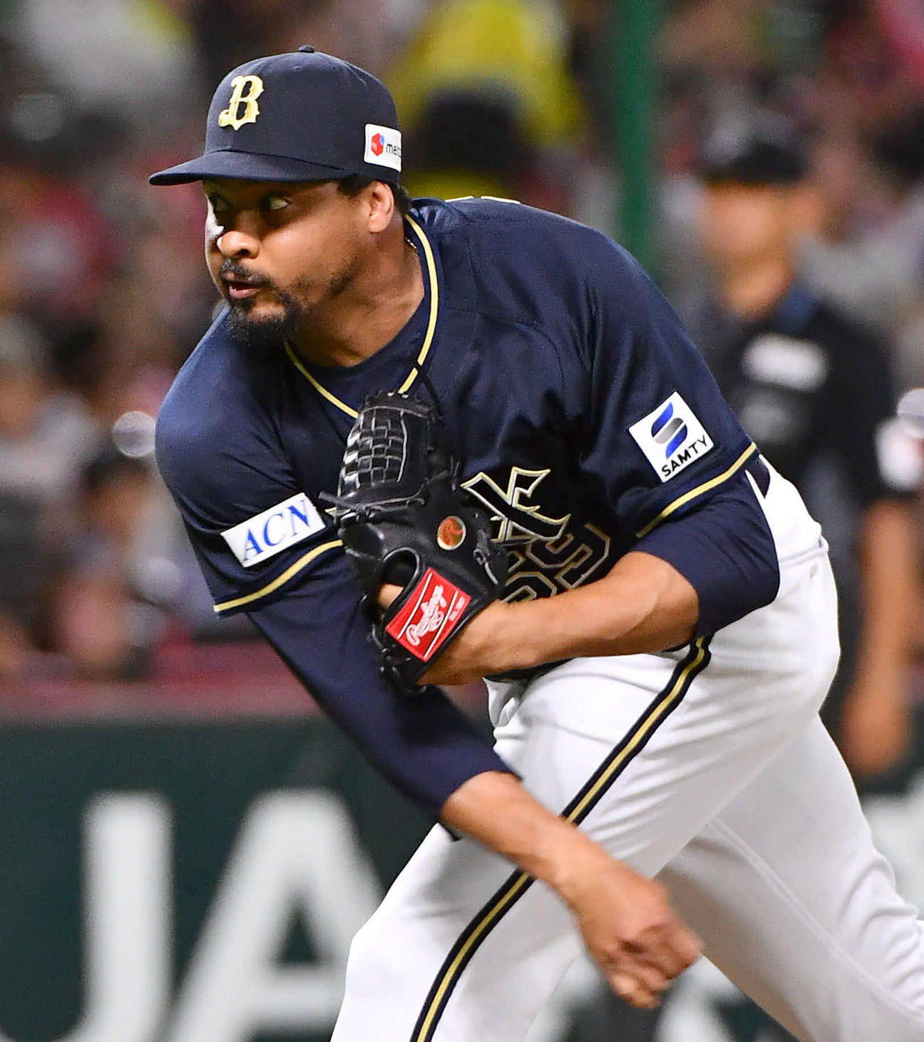 ソフトバンク対オリックス　8回裏から登板した、オリックス2番手のペルドモ（撮影・岩下翔太）