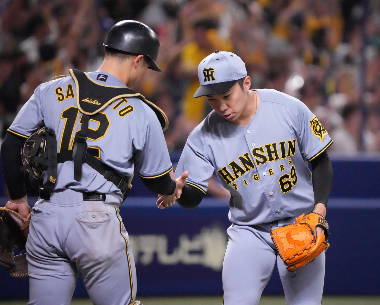 中日対阪神　試合終了、坂本（左）とタッチを交わす石井（撮影・森本幸一）