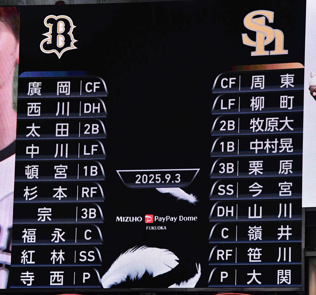 ソフトバンク対オリックス16回戦の先発メンバー（撮影・岩下翔太）