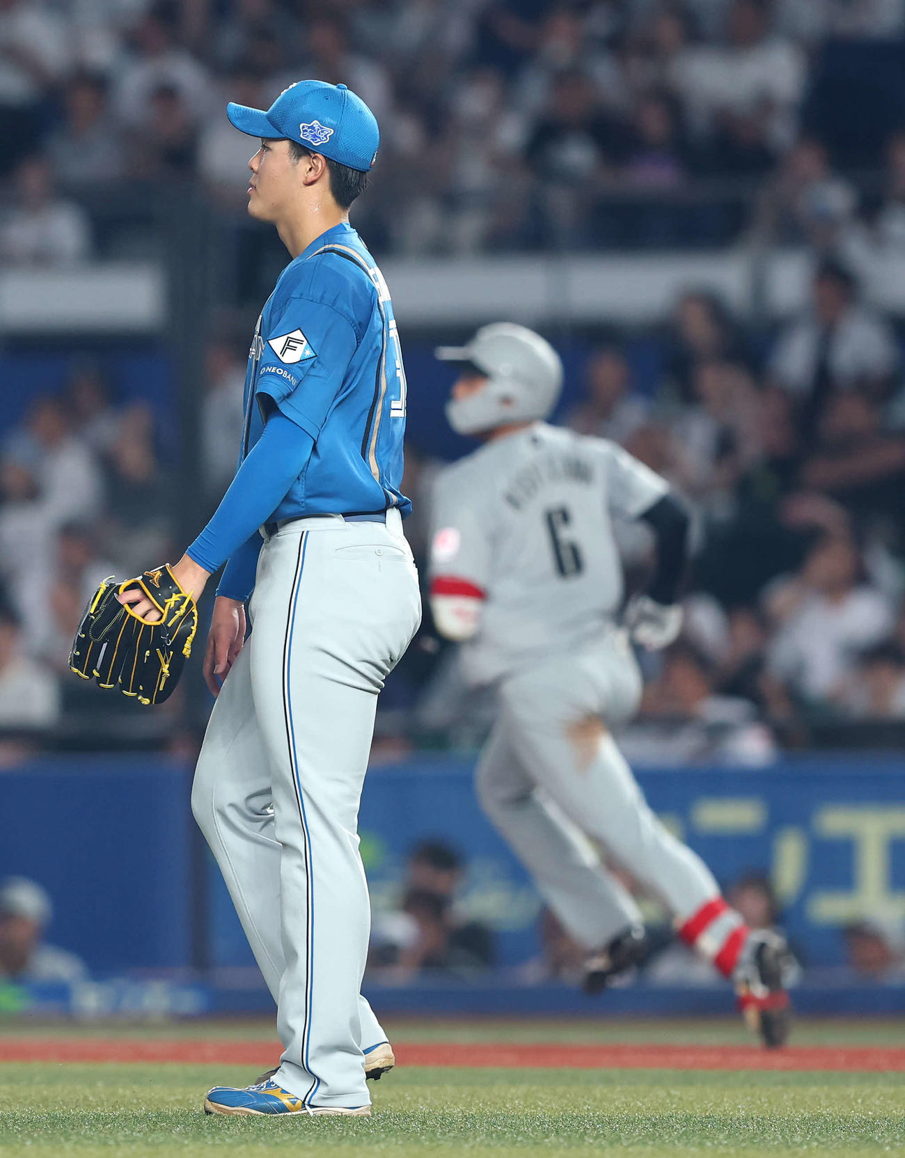 ロッテ対日本ハム　3回裏ロッテ無死一塁、西川を右飛に抑える柴田（撮影・河田真司）