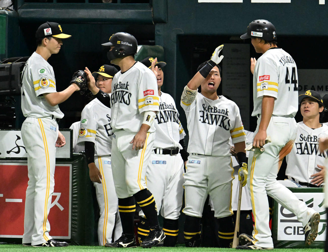 ソフトバンク対オリックス　2回裏ソフトバンク1死満塁、柳町の2点適時打に歓喜するホークスナイン（撮影・林敢治）