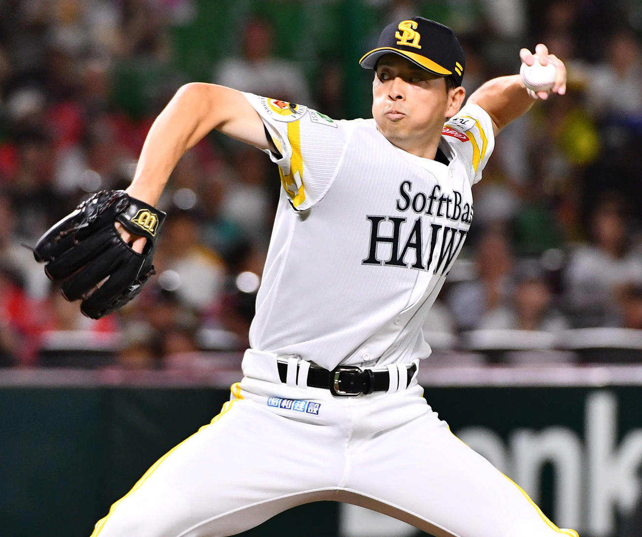 ソフトバンク対オリックス　力投するソフトバンク先発の大関（撮影・岩下翔太）