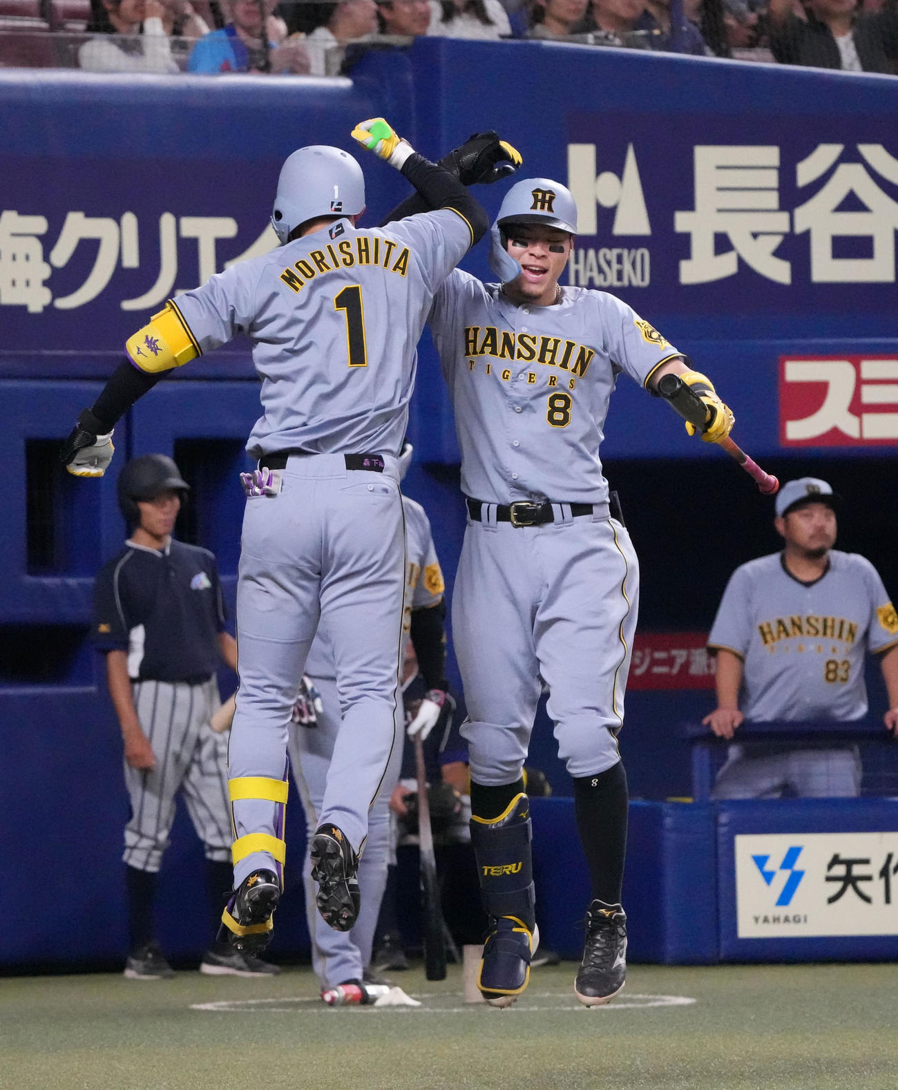 中日対阪神　6回表阪神無死、森下（左）は左越え本塁打を放ち佐藤輝とタッチを交わす（撮影・森本幸一）