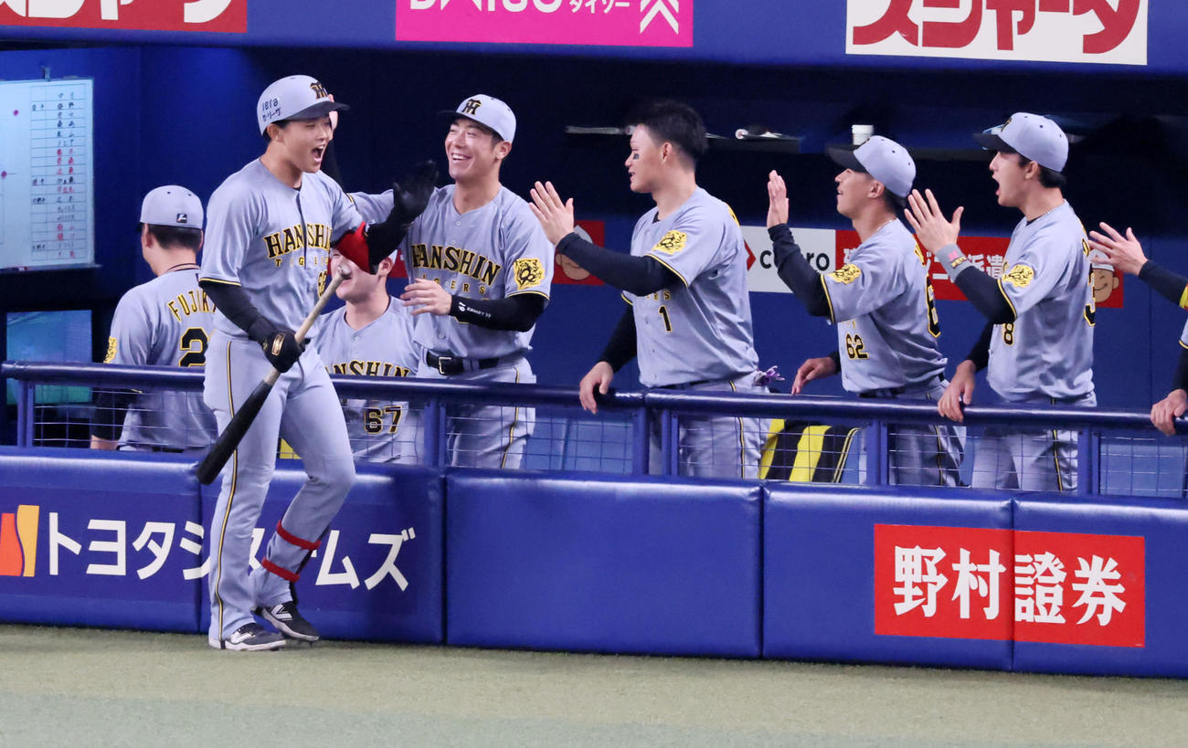 中日対阪神　3回表阪神無死、中川は左越えソロ本塁打を放ちベンチのナインとタッチする（撮影・加藤哉）