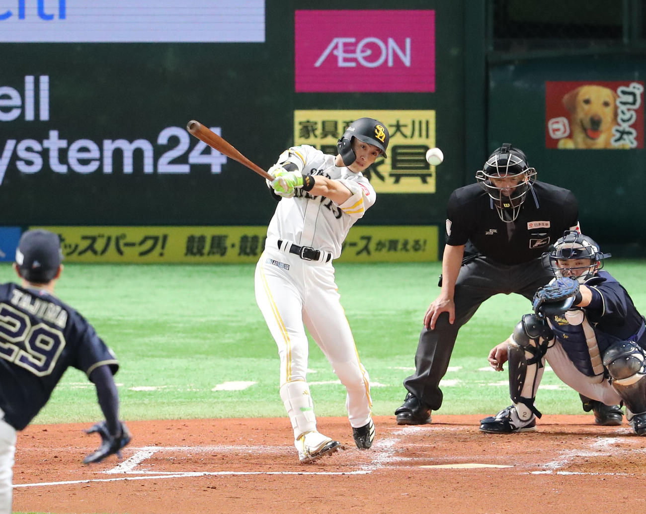 ソフトバンク対オリックス　2回裏ソフトバンク2死二塁、周東は中前適時打を放つ（撮影・梅根麻紀）