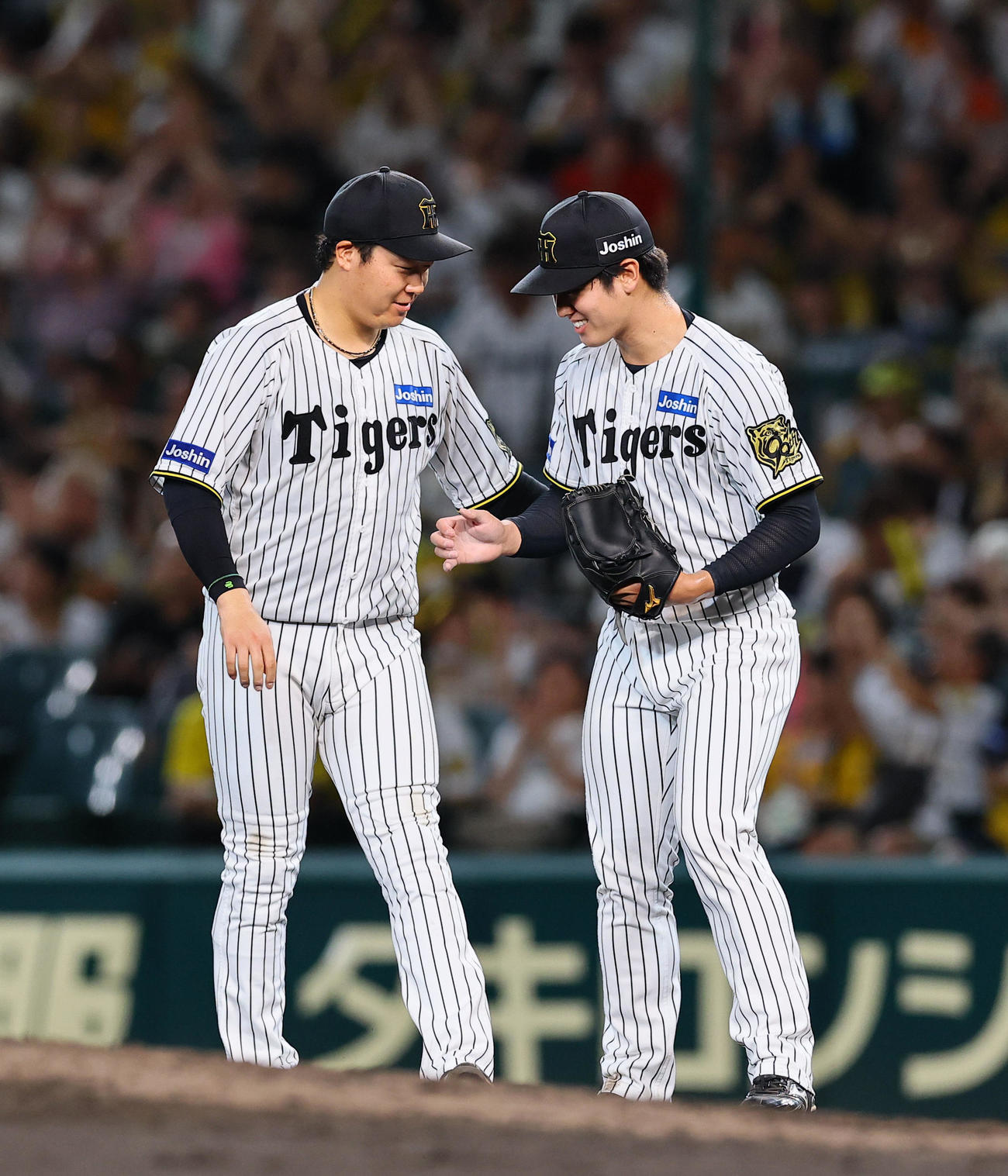 阪神対広島　広島に勝利し、9回を抑えた石黒を労う阪神大山（撮影・藤尾明華）