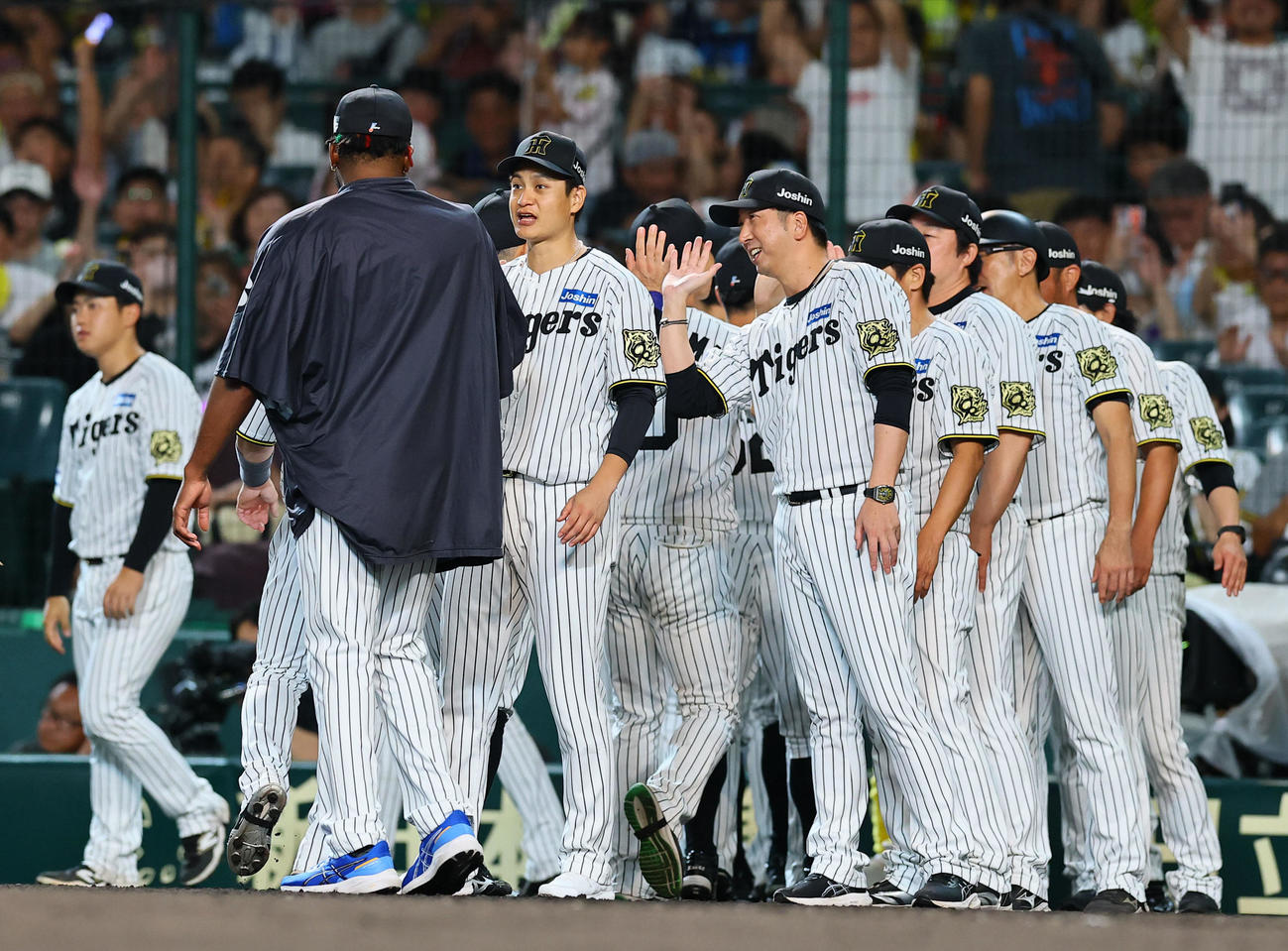 阪神対広島　広島に勝利し、ナインを出迎える阪神大竹（手前から2人目）、藤川監督（中央）（撮影・藤尾明華）