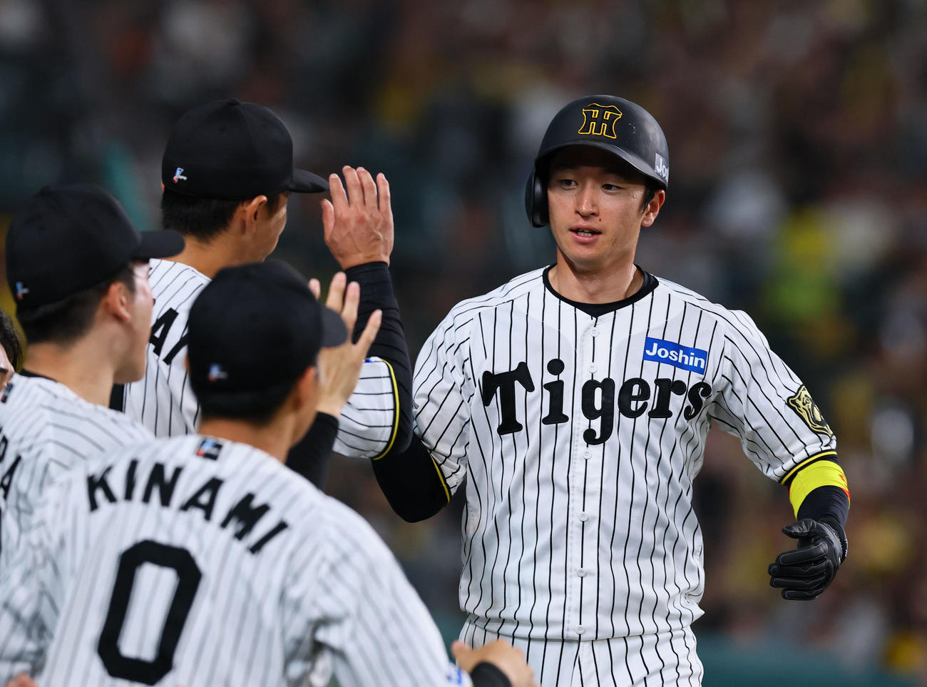 阪神対広島　7回裏阪神1死二塁、中野の適時打で生還し、ナインとタッチを交わす近本（撮影・藤尾明華）
