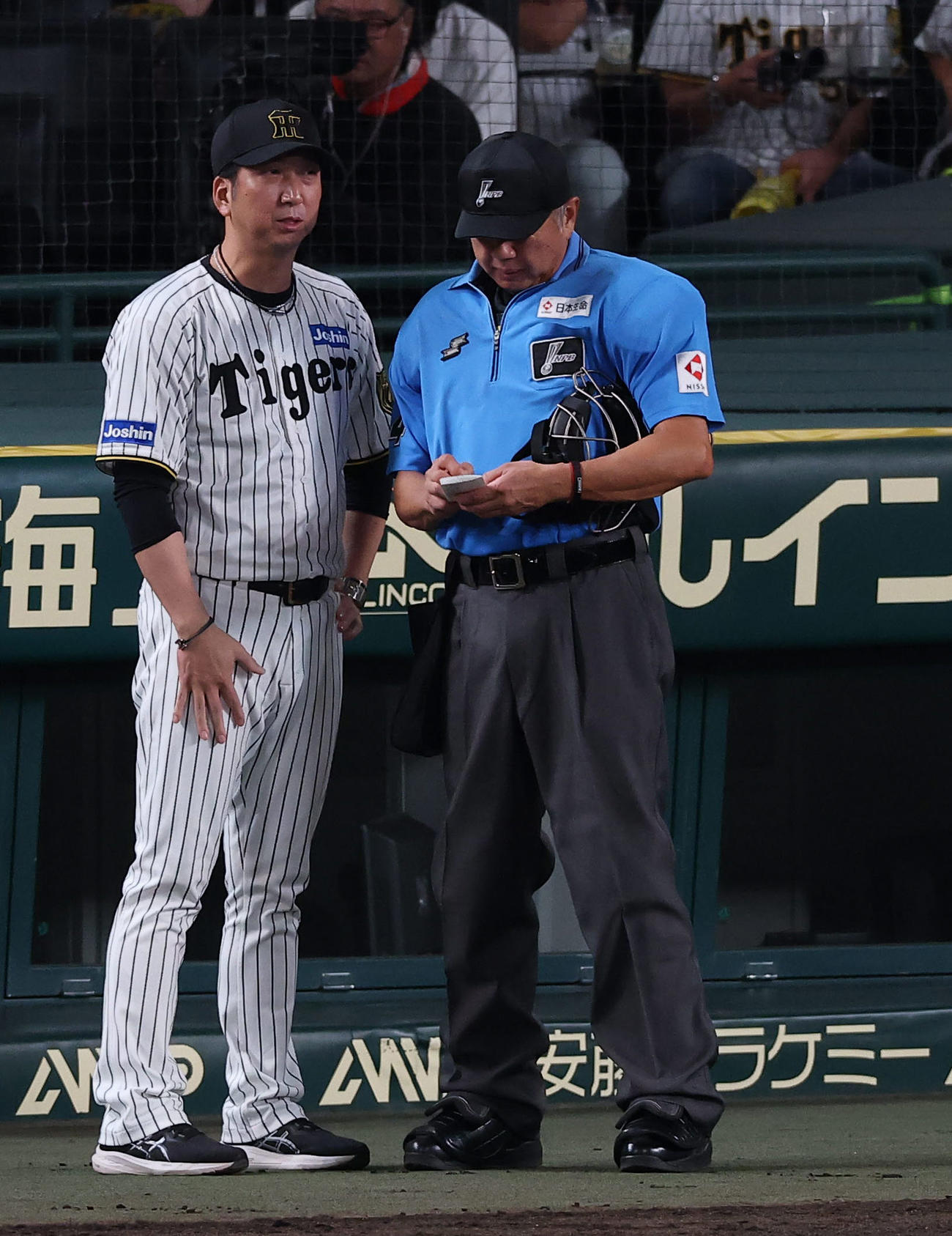 阪神対広島　選手交代を告げる藤川監督（撮影・上田博志）