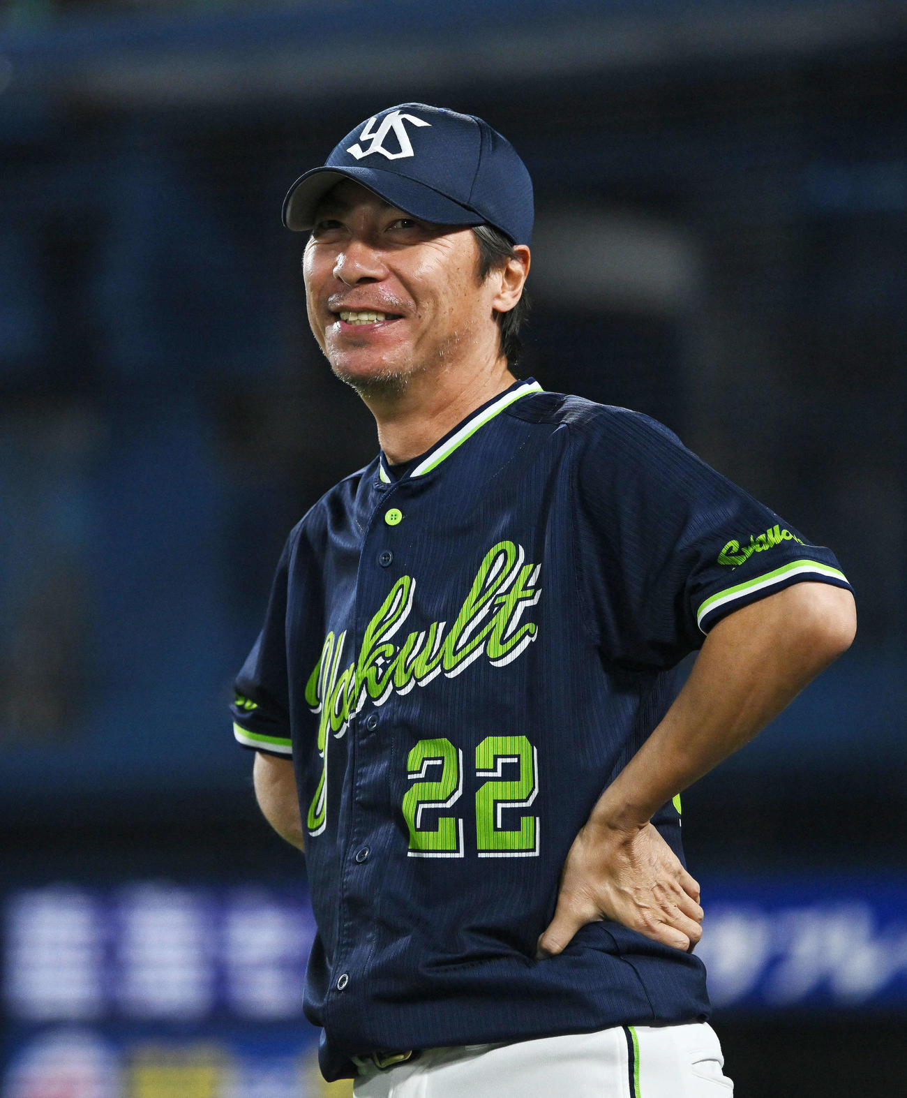 DeNA対ヤクルト　試合に勝利し笑顔のヤクルト高津監督（撮影・滝沢徹郎）