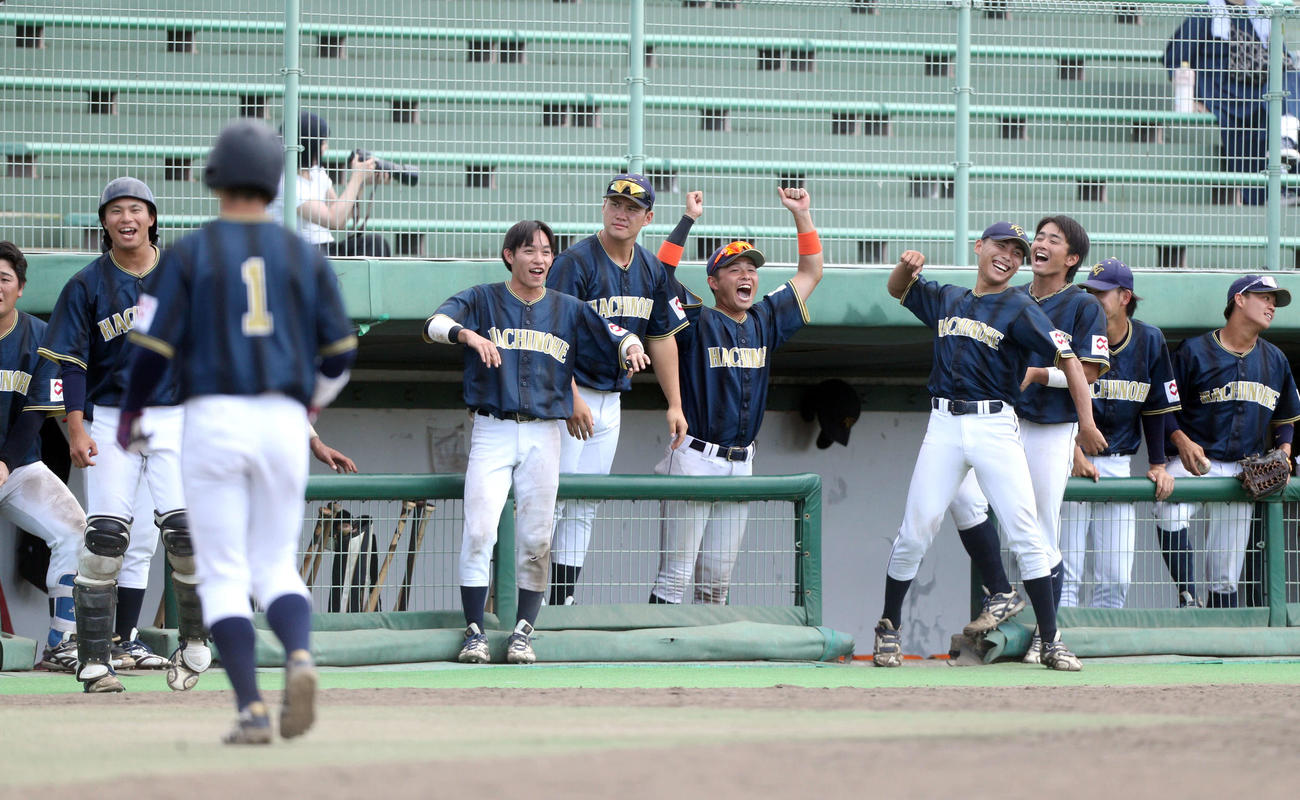八戸学院大対富士大　勝ちこしを喜ぶ八戸学院大ベンチ（撮影・木村有優）
