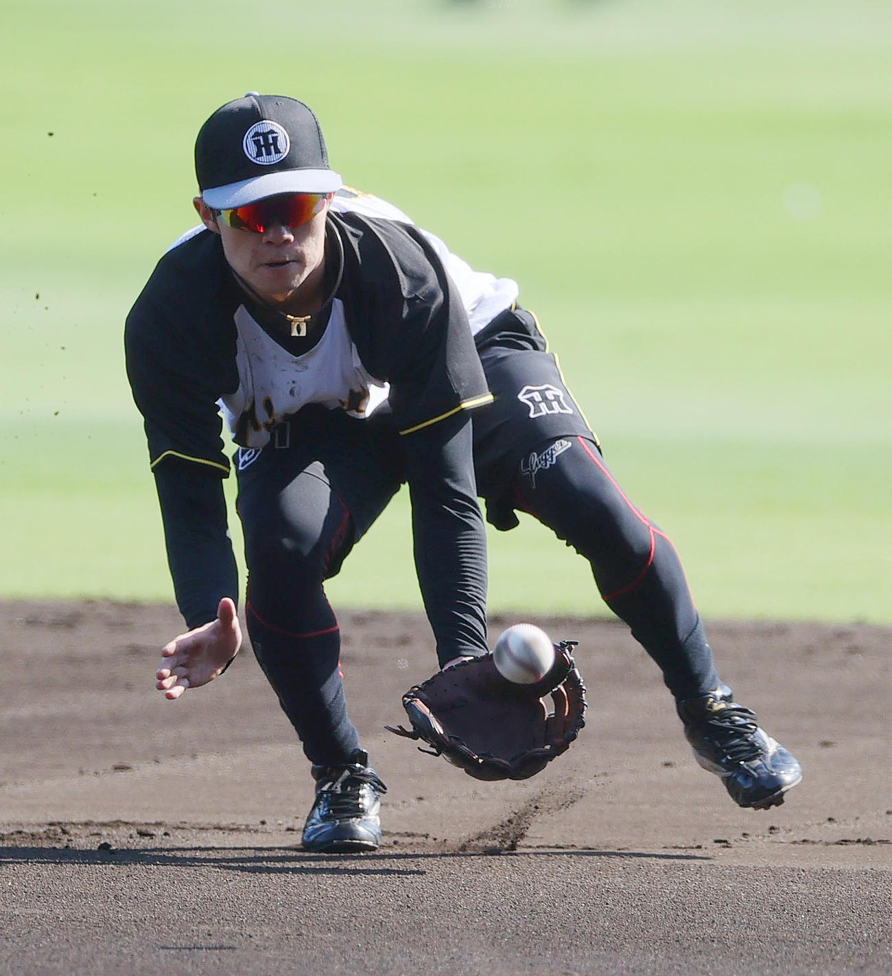 阪神対広島　試合前、ノックを受ける阪神中野（撮影・上山淳一）
