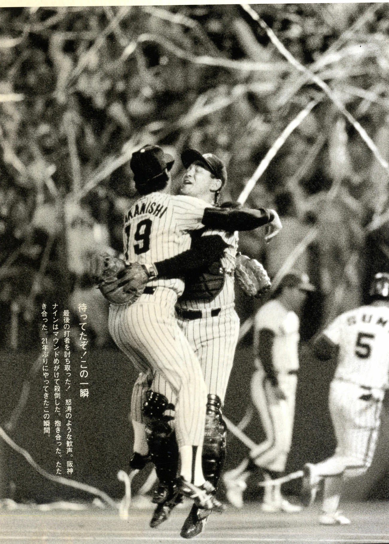 1985年10月16日、21年ぶりのリーグ優勝を決め、マウンド上で中西清起と抱きつく木戸克彦