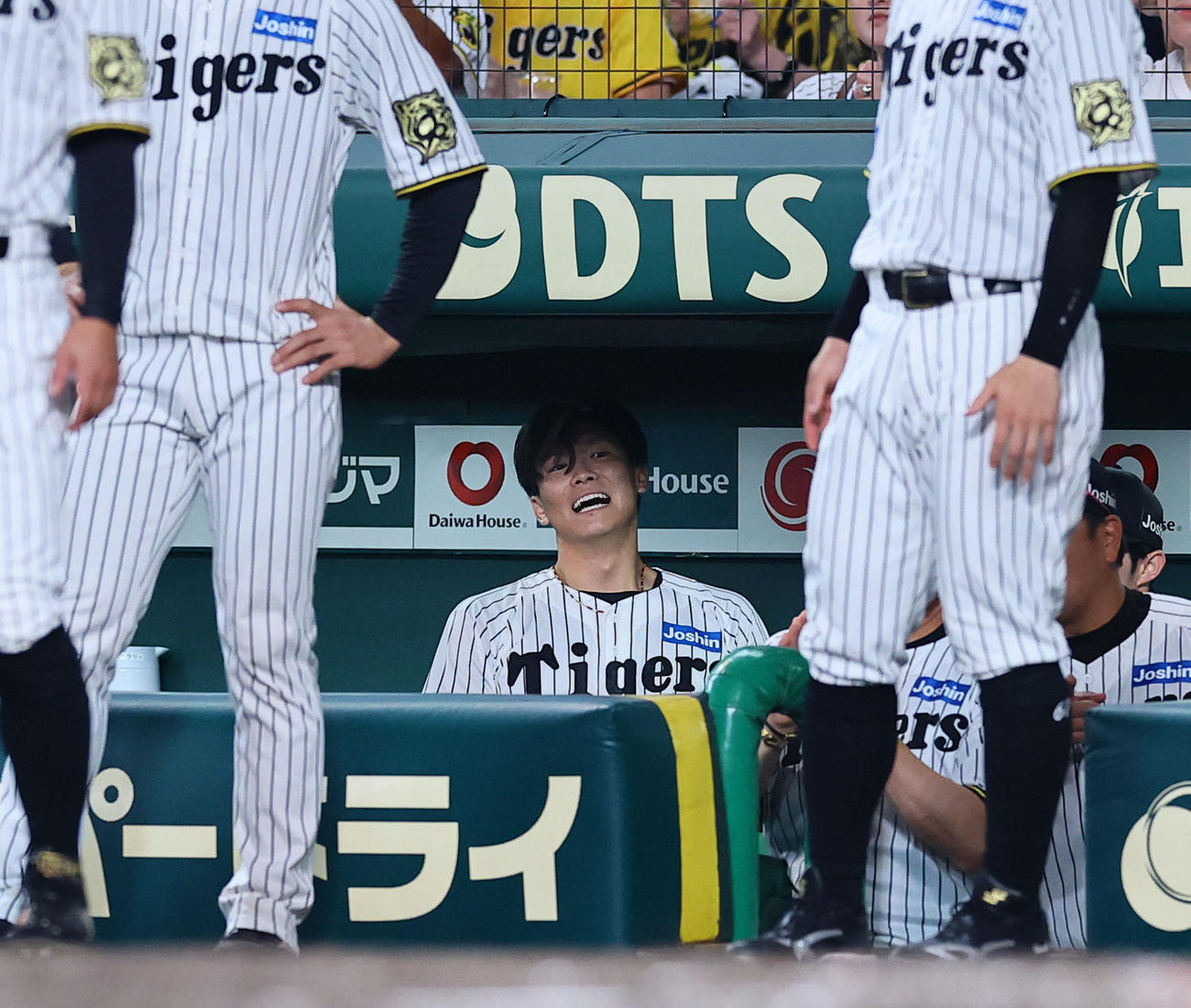 阪神対広島　5回、緊急登板でピンチを抑え、ベンチで笑顔を見せる阪神湯浅（撮影・藤尾明華）