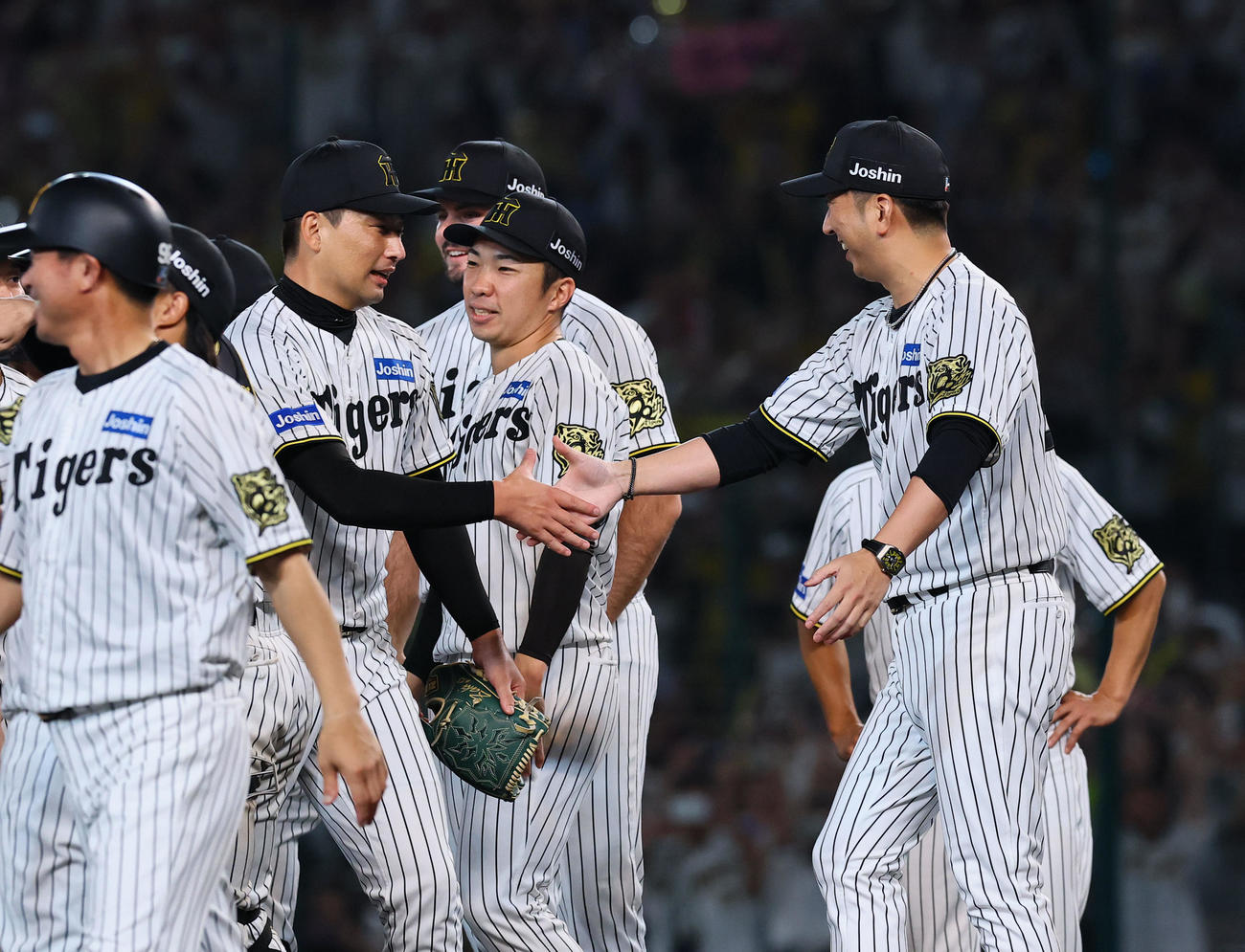 阪神対広島　リーグ優勝を決め、岩崎と握手を交わす阪神藤川監督（撮影・藤尾明華）
