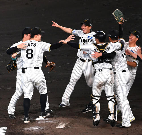 リーグ優勝を果たし歓喜する阪神ナイン(撮影・石井愛子)