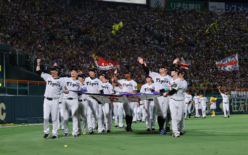 阪神対広島 優勝ペナントを手に場内1周する藤川監督(手前左)ら阪神ナイン(撮影・藤尾明華)