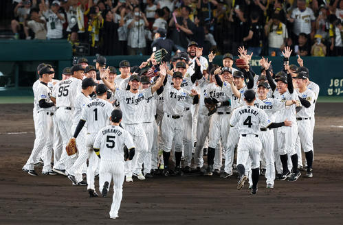 阪神対広島 リーグ優勝を決め外野陣を迎えるマウンドの歓喜の輪を作る阪神ナイン(撮影・加藤哉)