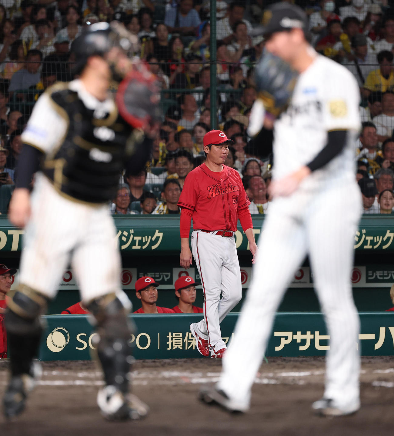 阪神対広島　選手交代を告げる新井監督（撮影・上田博志）