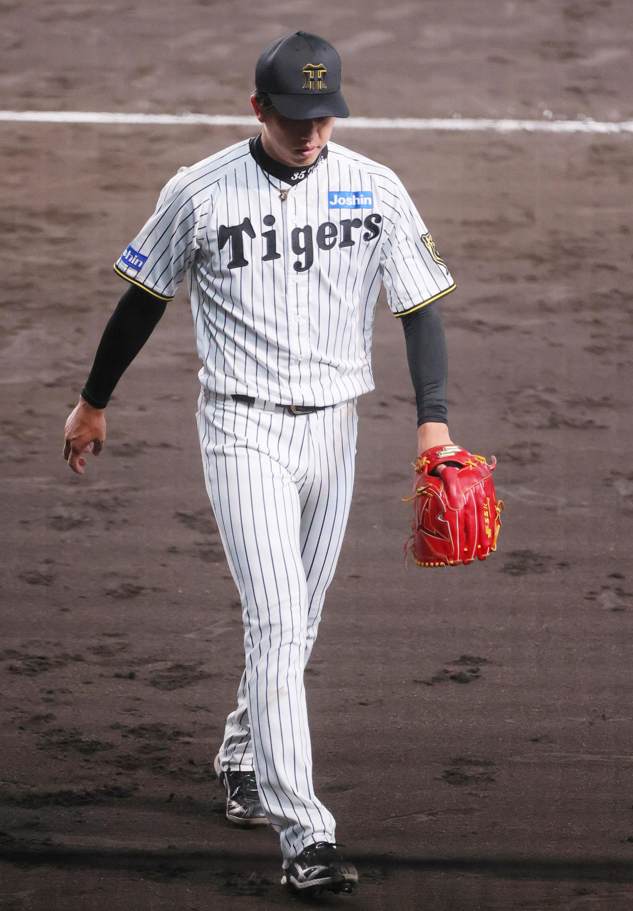 阪神対広島　5回表広島無死、才木は石原に頭部危険球で退場する（撮影・上山淳一）