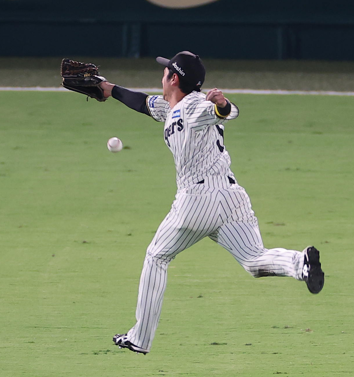 阪神対DeNA 2回表DeNA2死一、二塁、近本はケイの打球にグラブを伸ばすも捕れず2点適時二塁打を許す（撮影・上田博志）