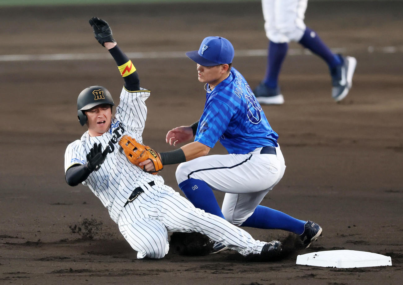阪神対DeNA 1回裏阪神1死一塁、一塁走者近本は打者森下のとき二塁盗塁失敗。野手林（撮影・加藤哉）