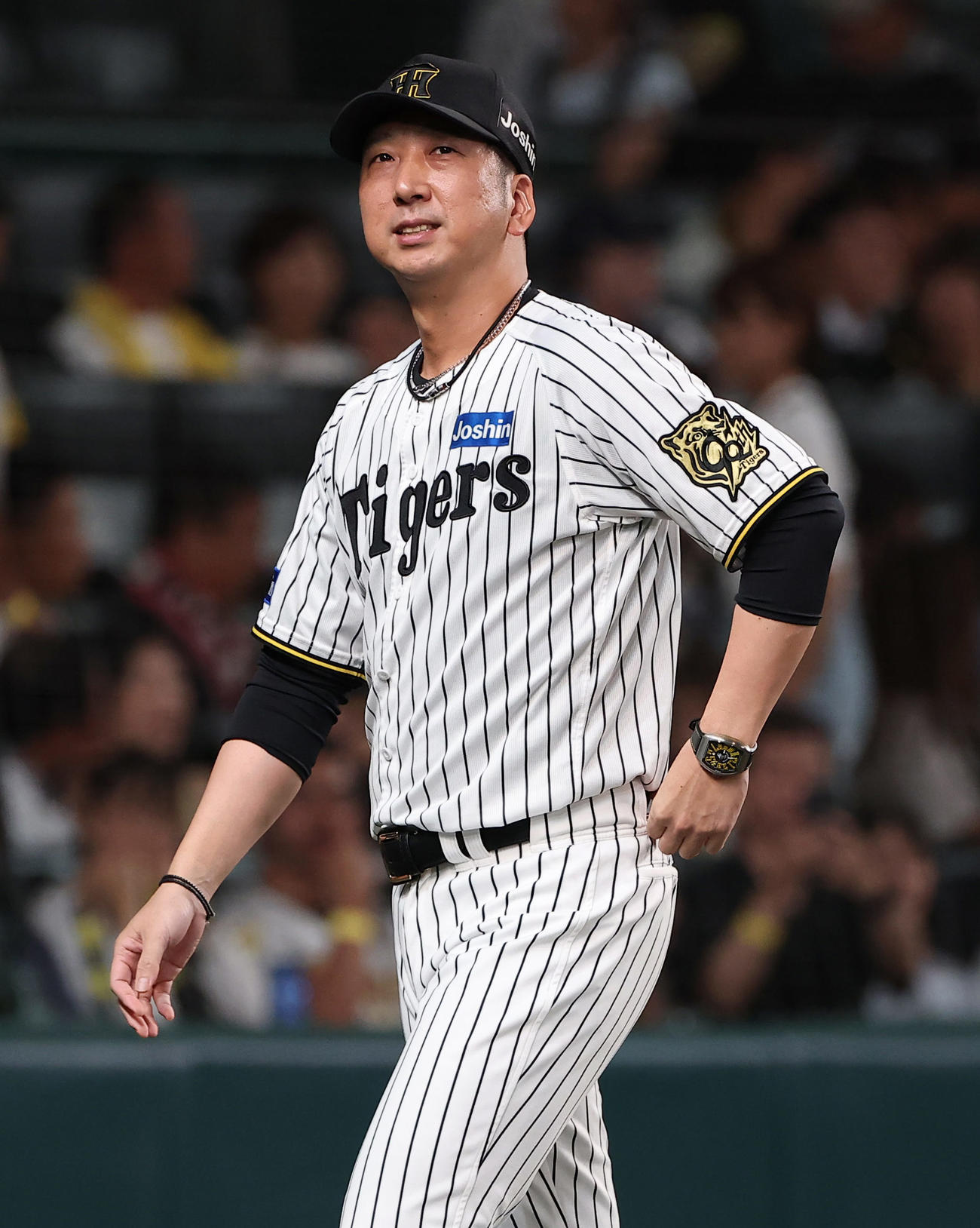 阪神対DeNA　選手交代を告げる藤川監督（撮影・上田博志）