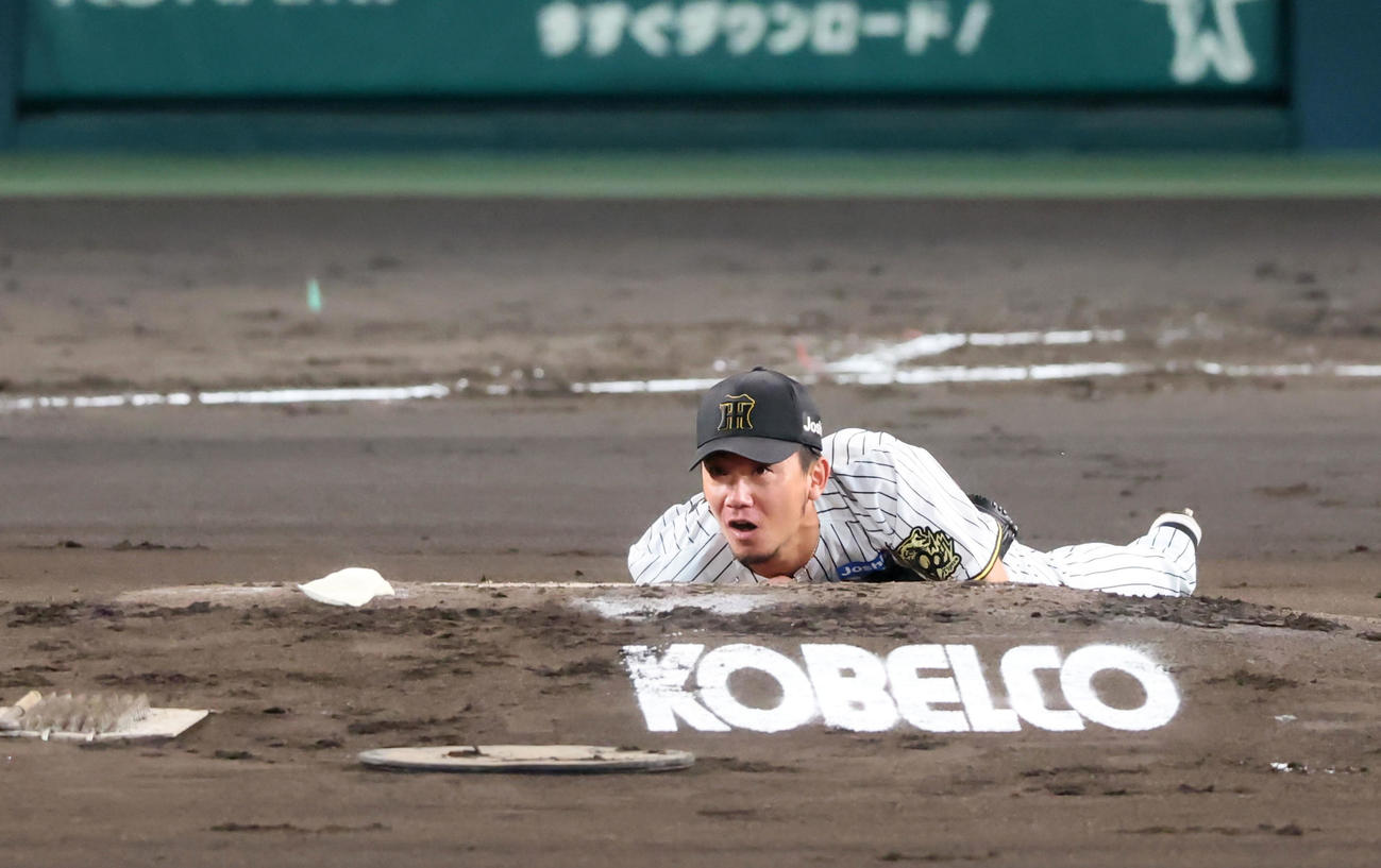 阪神対DeNA 2回表DeNA1死、佐野の投直を捕球しマウンドに転倒した伊藤将（撮影・加藤哉）