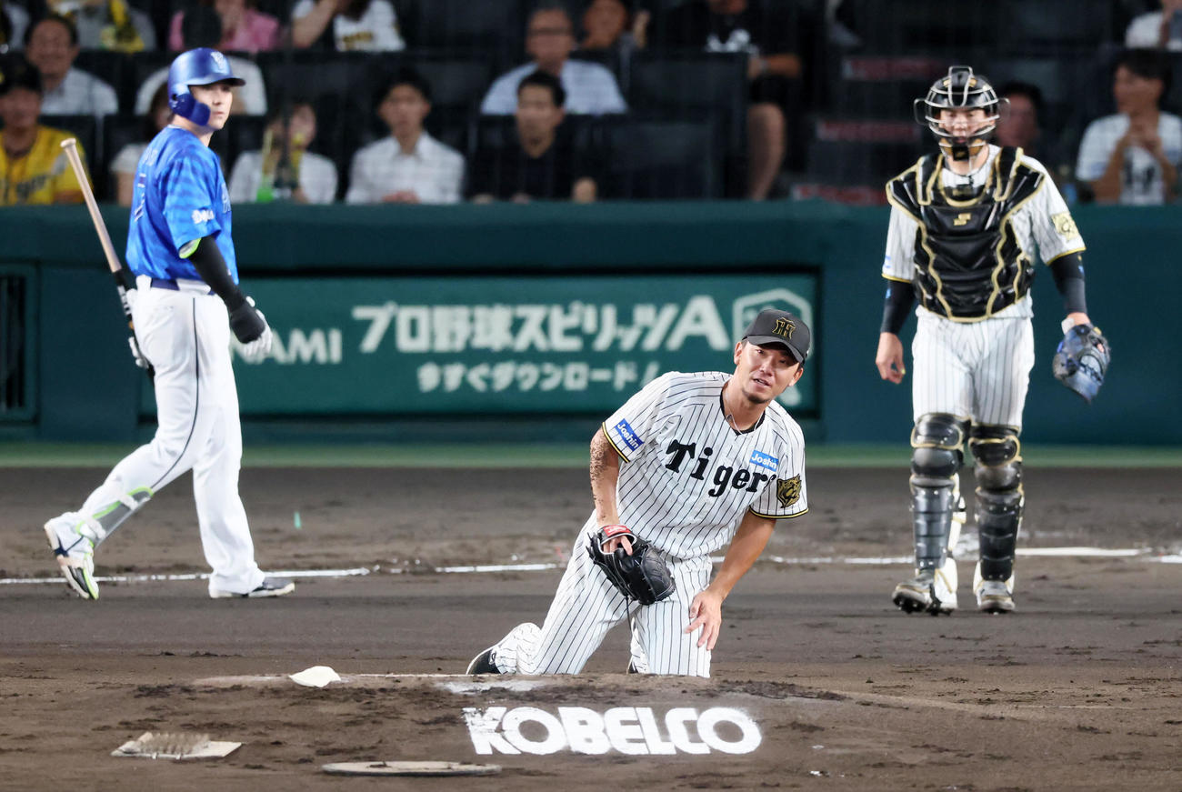 阪神対DeNA 2回表DeNA1死、佐野の投直を捕球しマウンドに転倒し起き上がる伊藤将（撮影・加藤哉）