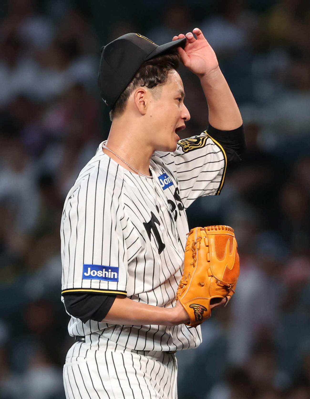 阪神対DeNA 2回表DeNA1死、阪神先発大竹は佐野に死球を与え帽子を取って謝罪（撮影・西尾就之）