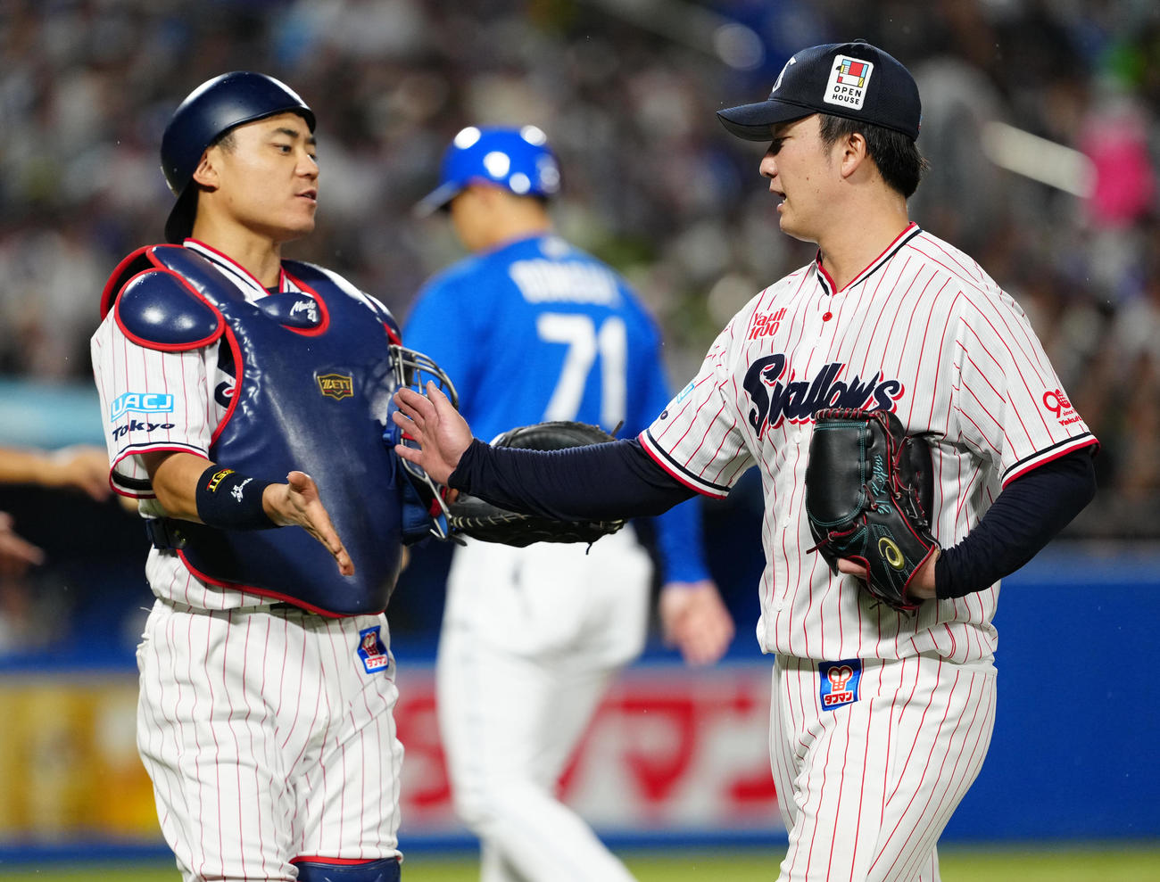 ヤクルト対中日　7回表を終え、中村悠（左）とタッチを交わすヤクルト吉村（撮影・鈴木みどり）