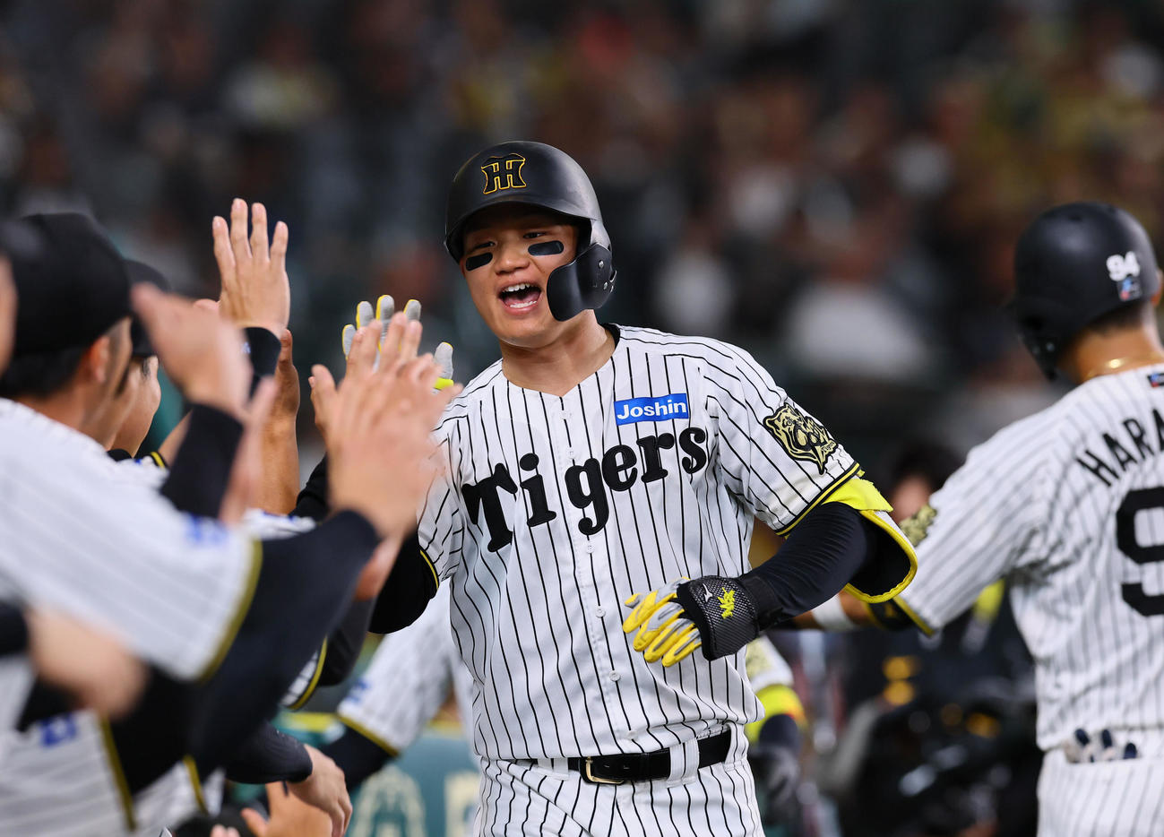 阪神対DeNA 4回裏阪神1死二塁、森下は2点本塁打を放ちナインとタッチを交わす（撮影・藤尾明華）