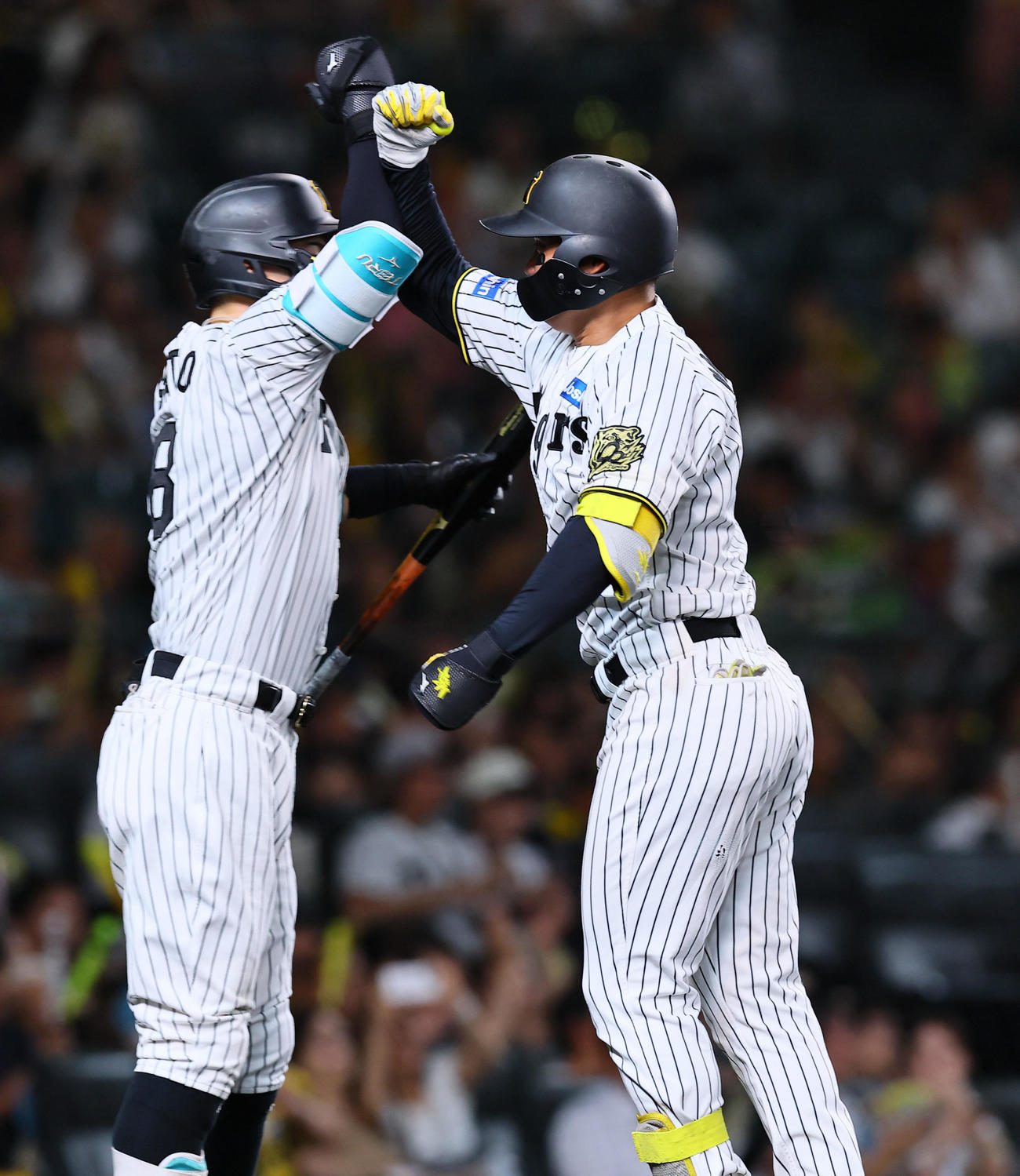 阪神対DeNA 4回裏阪神1死二塁、森下は2点本塁打を放ち佐藤輝とタッチを交わす（撮影・藤尾明華）
