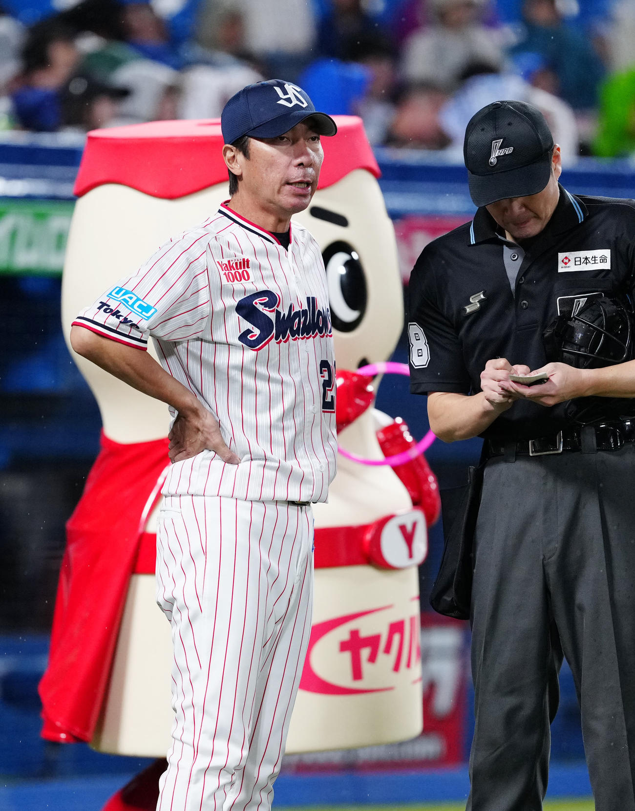 ヤクルト対DeNA 6回表開始前、選手交代を告げるヤクルト高津監督（左）（撮影・江口和貴）