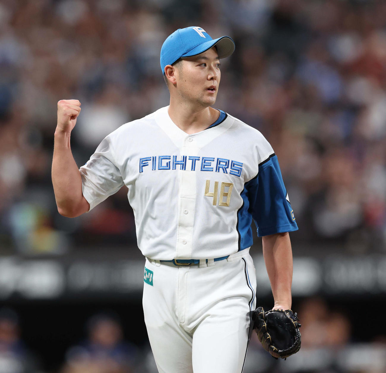 日本ハム対西武　8回表、打者を3人で抑えガッツポーズの斎藤（撮影・黒川智章）