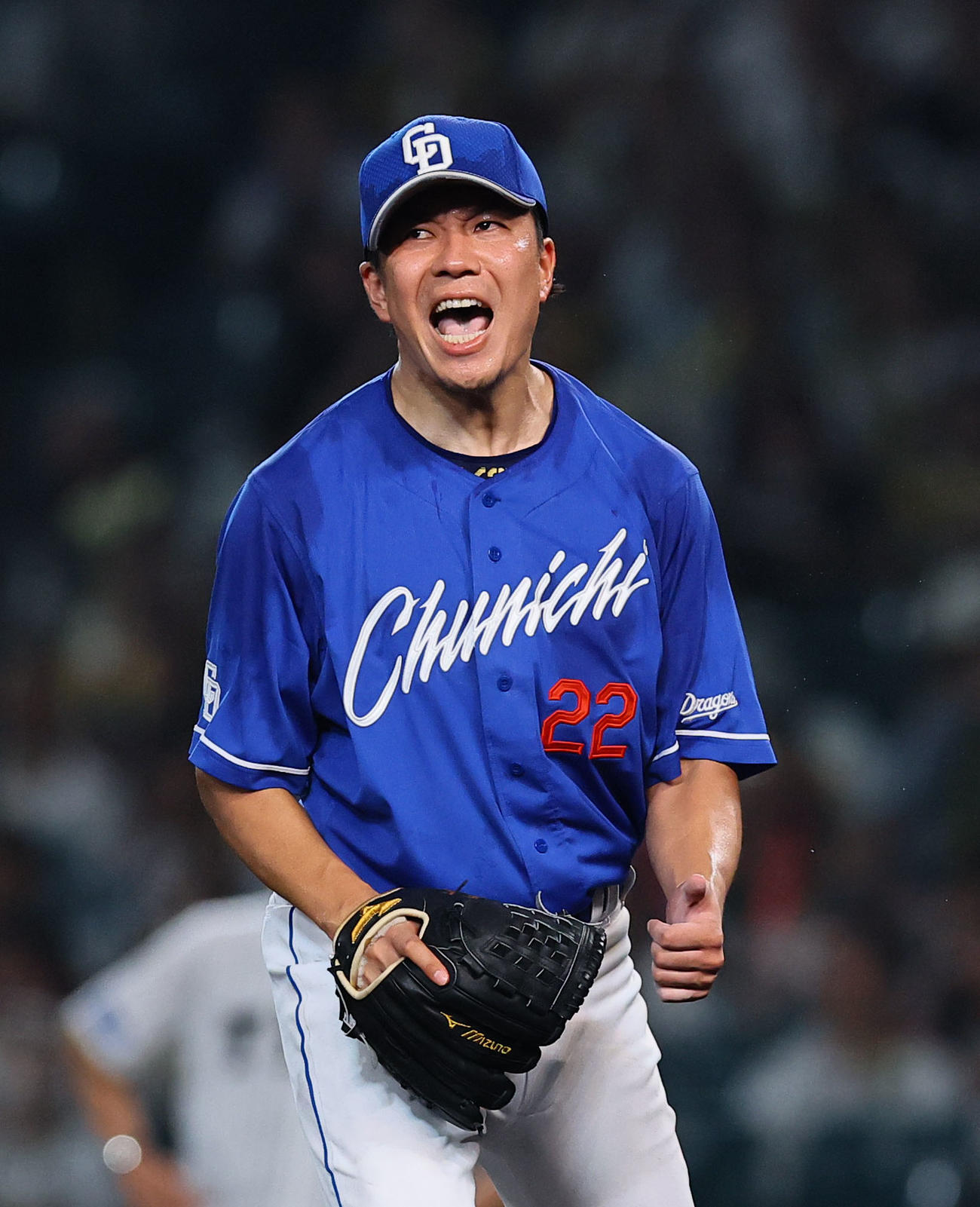 阪神対中日　7回裏阪神2死、坂本を打ち取り、雄たけびを上げる大野（撮影・藤尾明華）