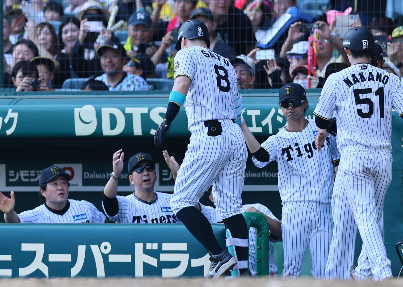 阪神対中日　3回裏阪神1死一塁、2点本塁打を放った佐藤輝を出迎える藤川監督（左から2人目）（撮影・藤尾明華）