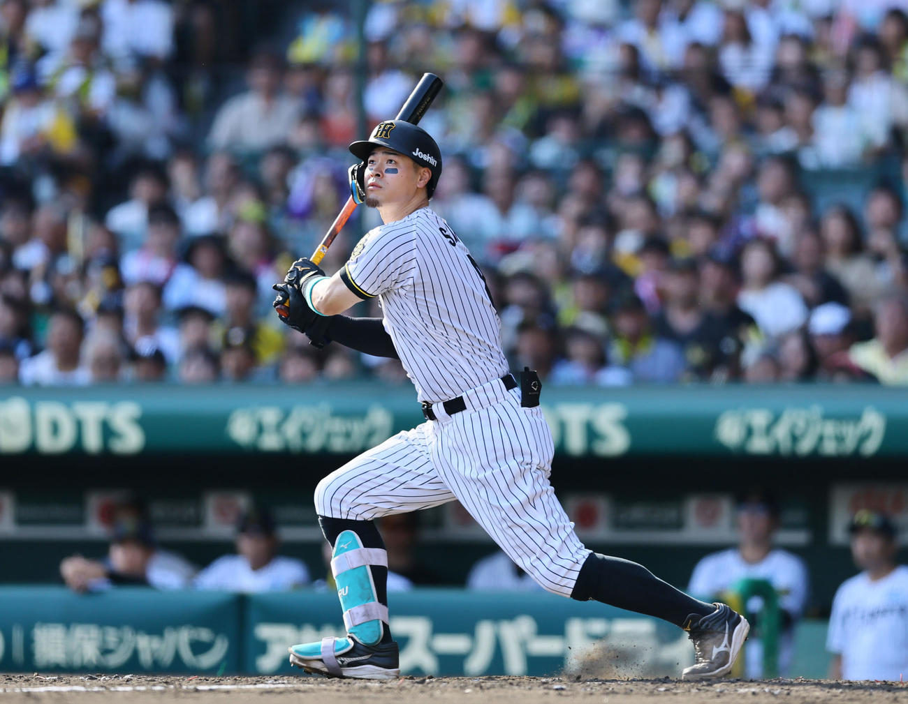 阪神対中日　5回裏阪神2死一塁、佐藤輝は左越えに2点本塁打を放つ（撮影・藤尾明華）