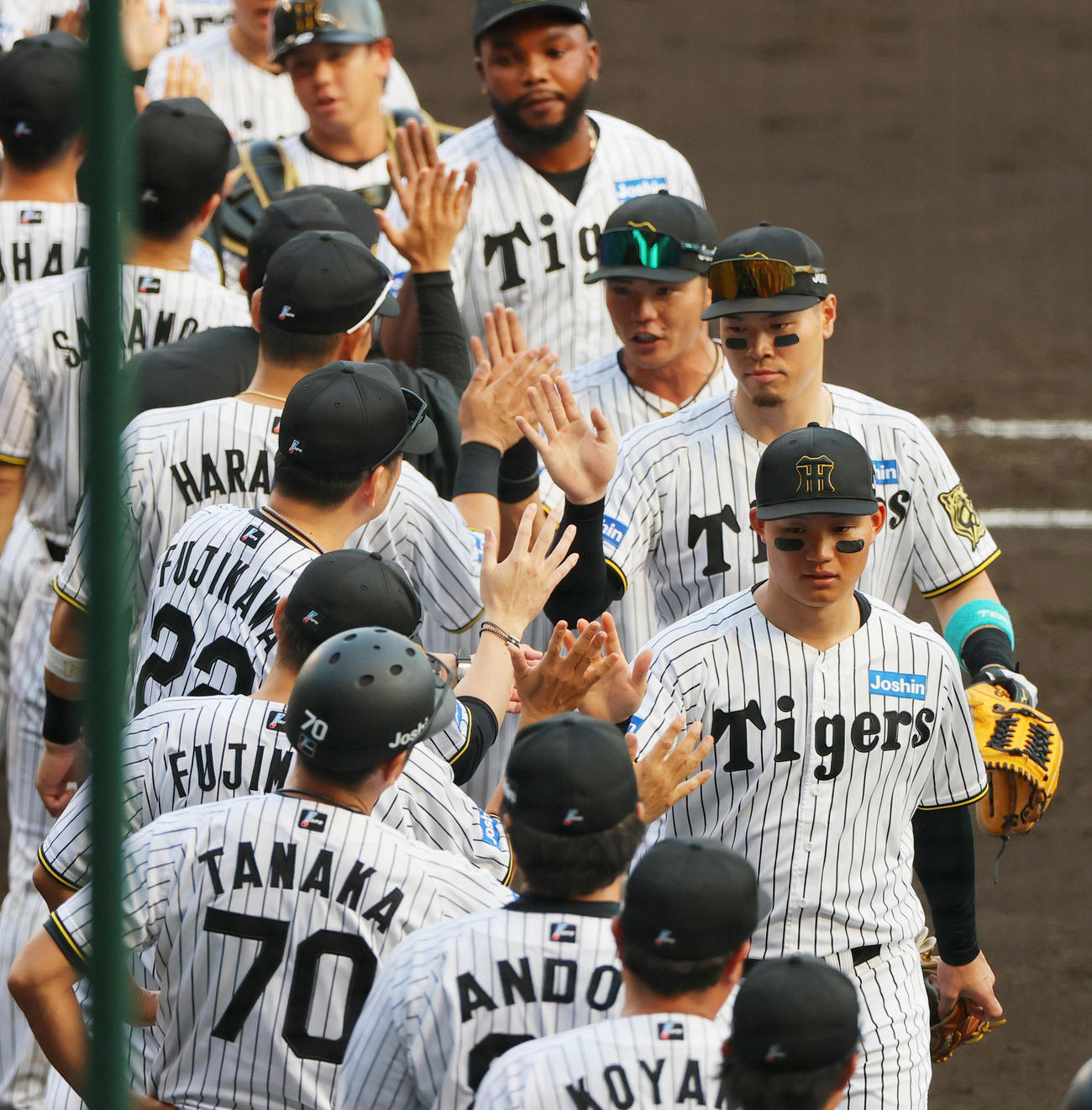 阪神対中日　中日に勝利し、タッチをかわす阪神ナイン（撮影・上山淳一）