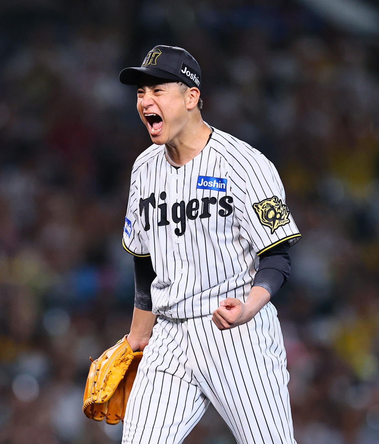 阪神対DeNA 9回、最後の打者を三振に仕留め、完封勝利を飾りガッツポーズをする阪神大竹（撮影・藤尾明華）