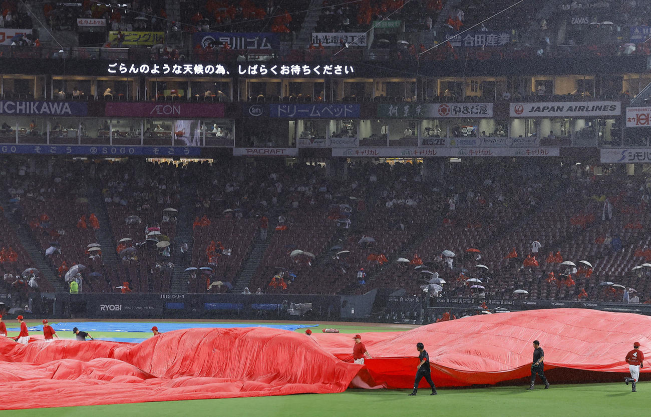 広島対阪神　雨が強くなり、再びシートが敷かれたマツダスタジアム（撮影・藤尾明華）