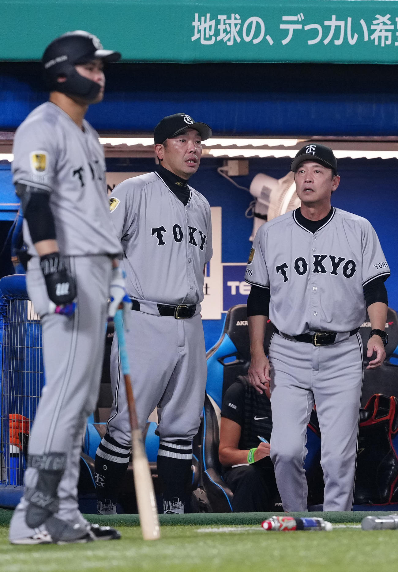 ヤクルト対巨人　8回表巨人無死一塁、岸田が死球を受け、ベンチで心配する阿部監督（中央）（撮影・江口和貴）