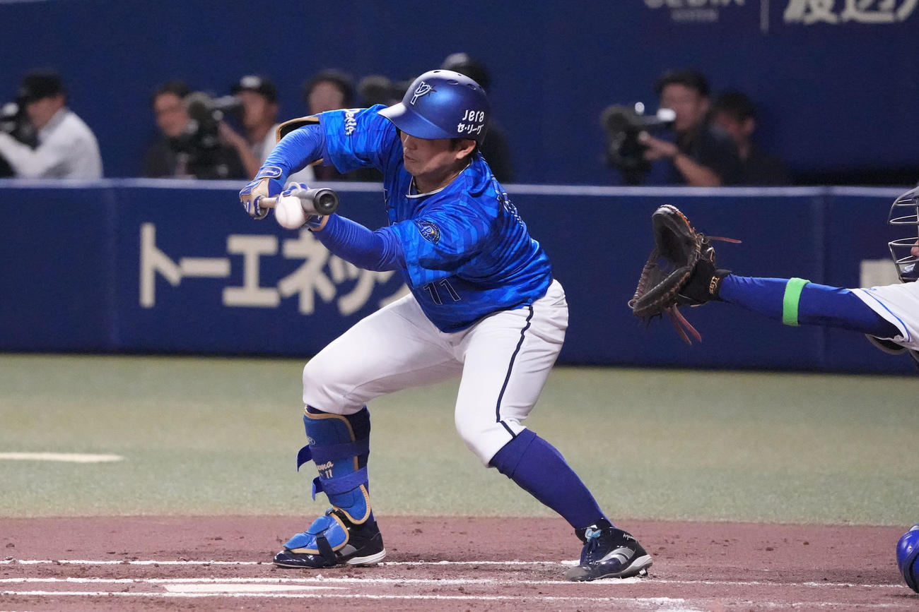中日対DeNA 7回表DeNA1死三塁、スクイズを決める東（撮影・森本幸一）