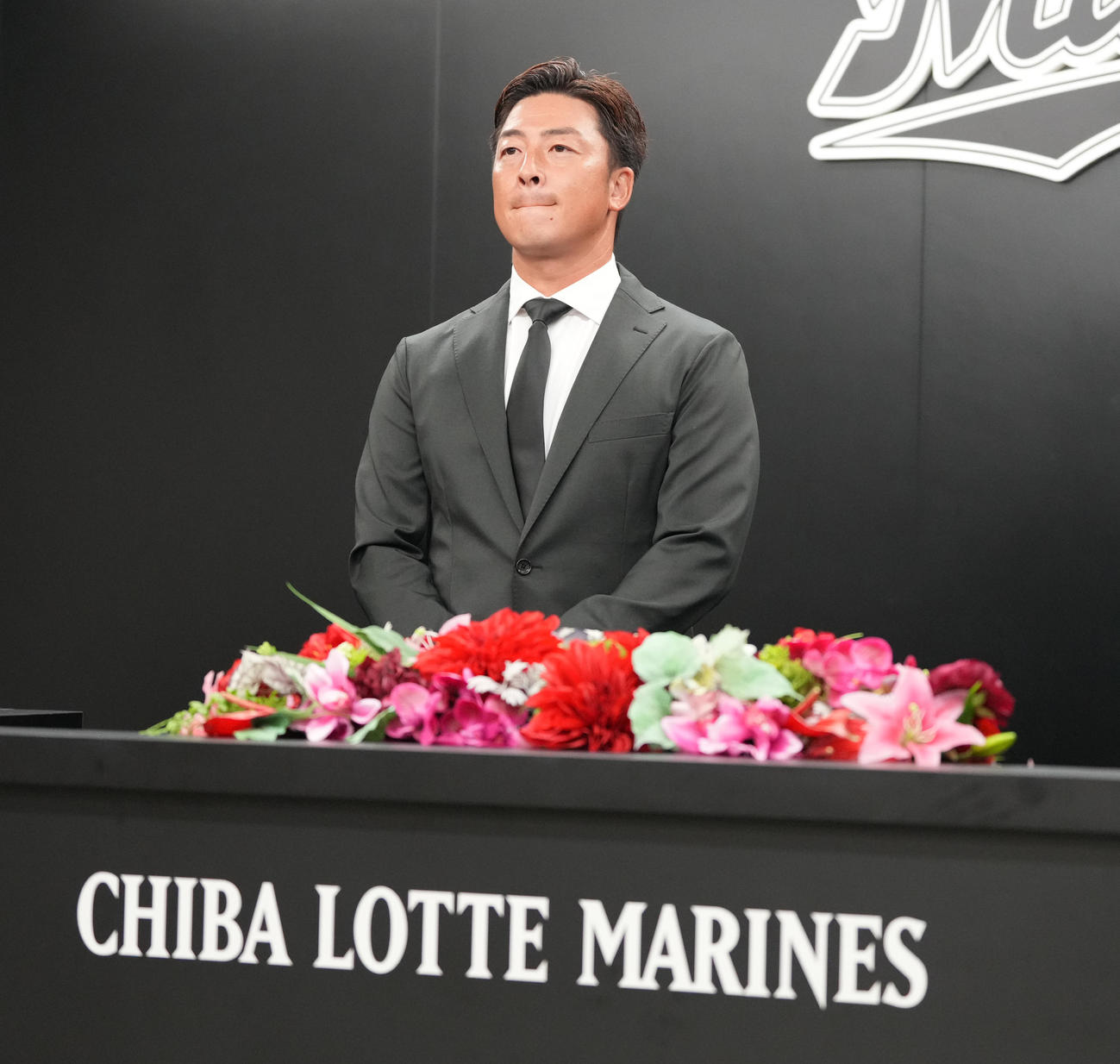 ロッテ対楽天　現役引退を表明し会見に臨むロッテ美馬＝2025年9月18日